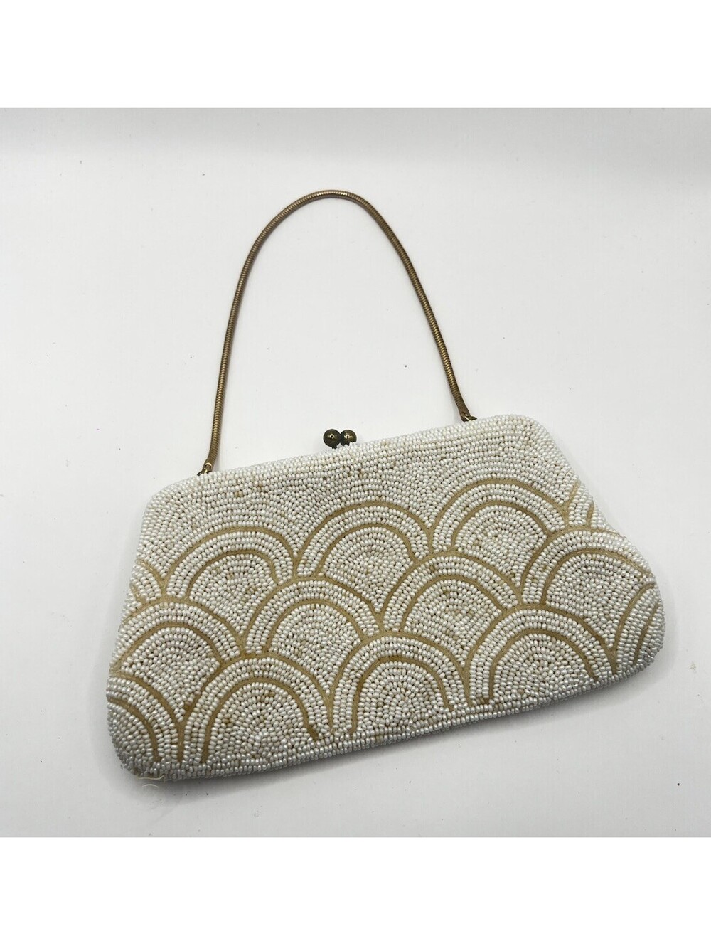 Vintage Dena of Dallas Beaded Evening Bag White Gold Scallop Arch Kiss Lock